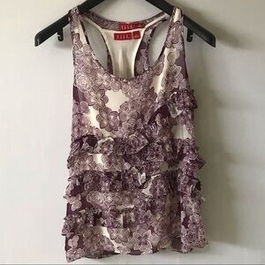 Elle, lined woman’s M printed tank top, ruffles, purple and cream